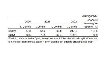 Sanayide I. dönemde 1 kWh elektrik için ortalama 217,4 kuruş ödendi
