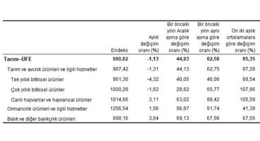 Tarım ürünleri üretici fiyat endeksi (Tarım-ÜFE) yıllık yüzde 62,56 arttı, aylık yüzde 1,13 azaldı